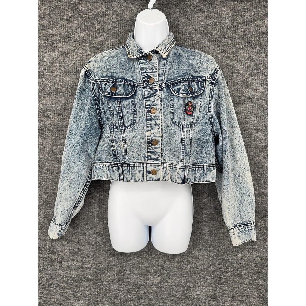 Lee Denim Jacket Womens M Blue Vintage Acid Wash Cropped Crest Patch 80s